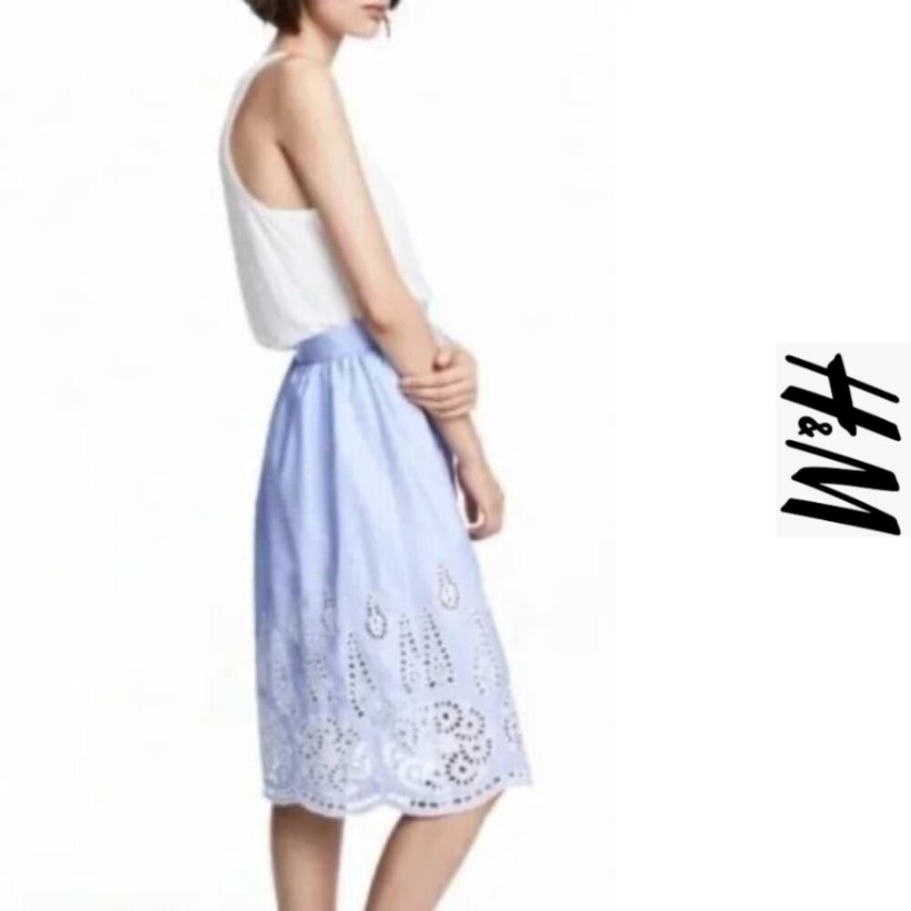 H&M Midi Skirt Light Blue with Eeyelet Embroidery